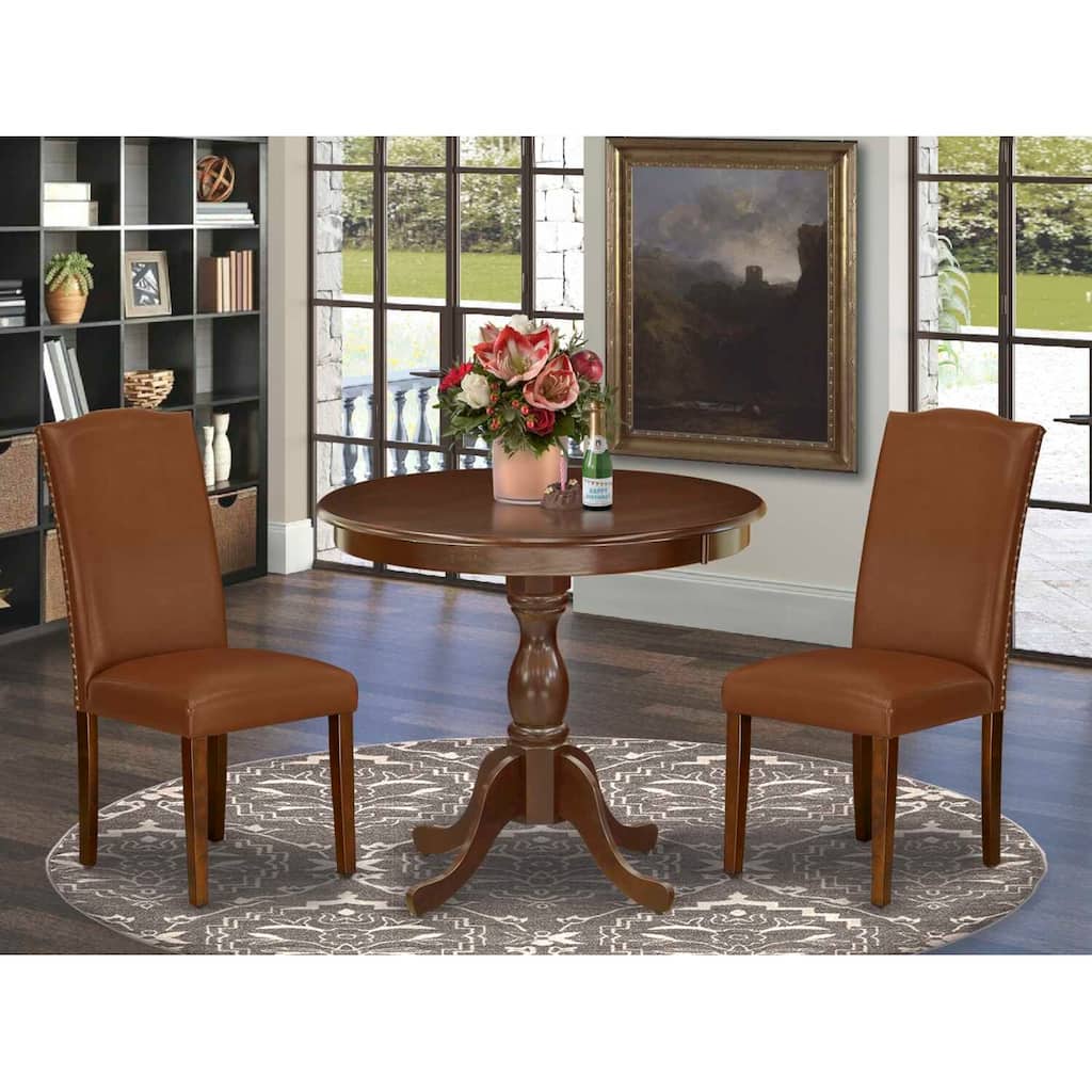 3-Piece Mahogany Finish Solid Wood Top Upholstered Dining Room Set with High Back (Seats-4)