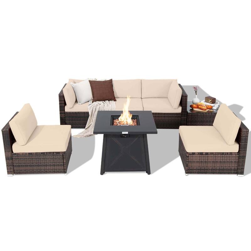Costway 7PCS Patio Rattan Furniture Set Fire Pit Table Cover Cushion - See Details