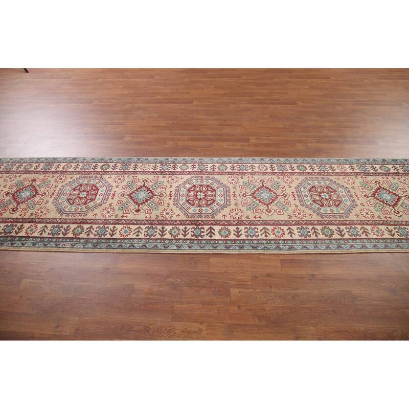 Hand Knotted Oriental 100% Wool Carpet Traditional Geometric Beige & Ivories Kazak Runner Rug - 12' 9'' X 2' 9''