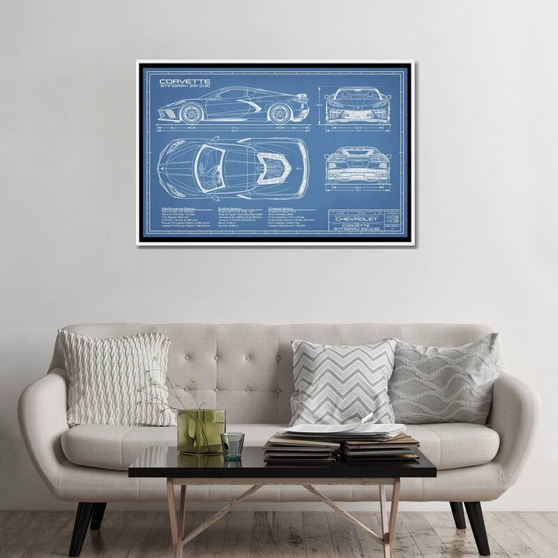 iCanvas "Corvette (C8) Stingray Blueprint" by Action Blueprints Framed Canvas Print