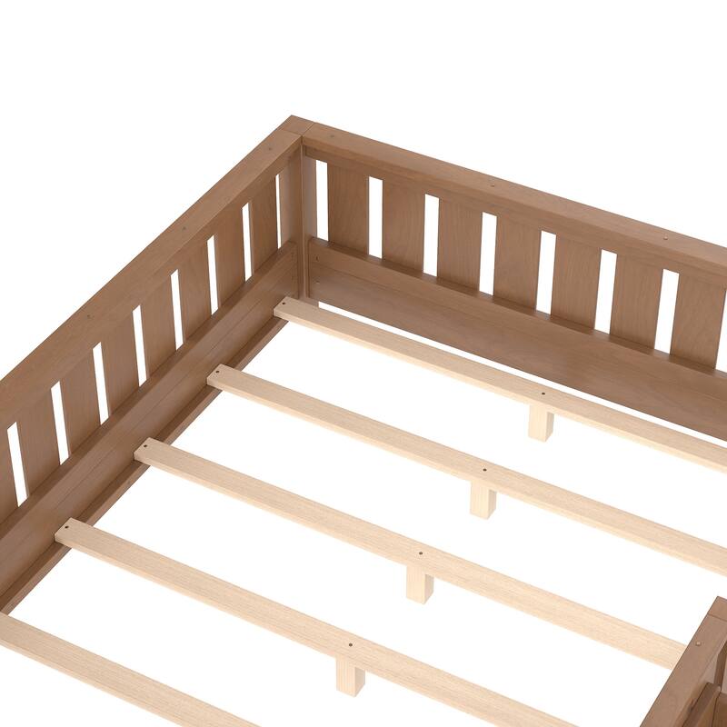 Montessori Floor Bed Low Profile Kids Bed with Rails & Bookshelf