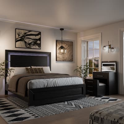 Furniture of America Alaric Modern Black Solid Wood 2-Piece Bedroom Set with 32-inch Makeup Vanity