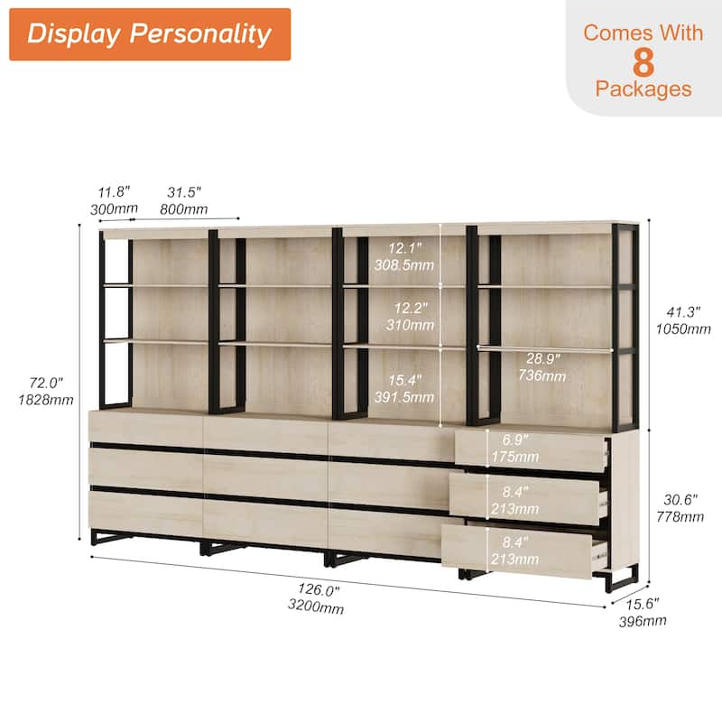 WAMPAT Modern 72" Tall Bookcase with Drawers and Open Book Shelfs, Library Book Shelf for Home Office, Living Room