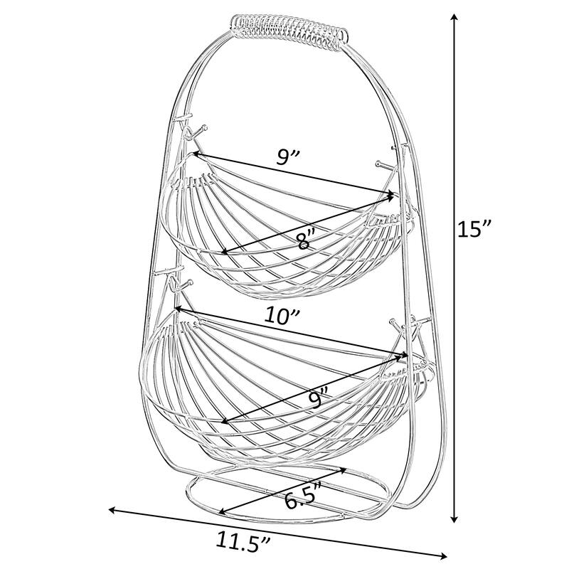 2 Tier Metal Fruit Holder Swing Basket for Kitchen Detachable Countertop Vegetables Storage Organizer with Display Hammock Stand