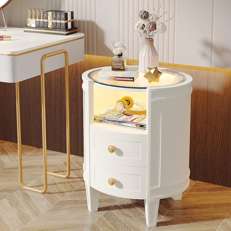 Oval White Nightstand Bedside Table with 2 Drawers and Light