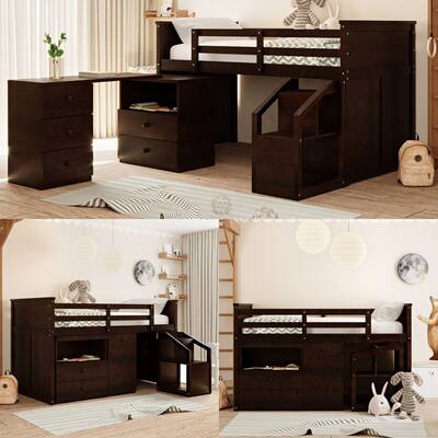 Merax Twin Low Loft Bed with Storage Steps and Desk, Drawers