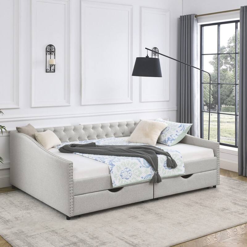 Upholstered Queen Daybed with Two Storage Drawers,Queen Size Button Tufted Sofa Bed Daybed