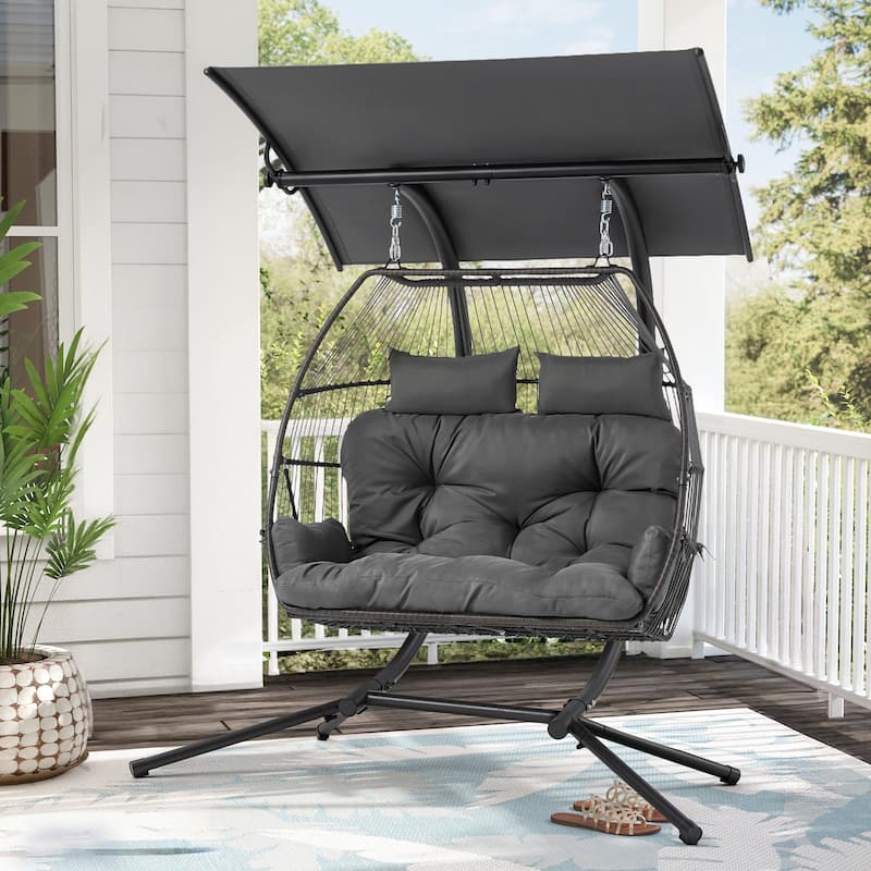 Double Hanging Egg Chair with Adjustable Canopy - Outdoor Swing Chair with Stand, Cushions & Pillows - Wicker Rattan Hammock. - Woven Rattan Base-Grey