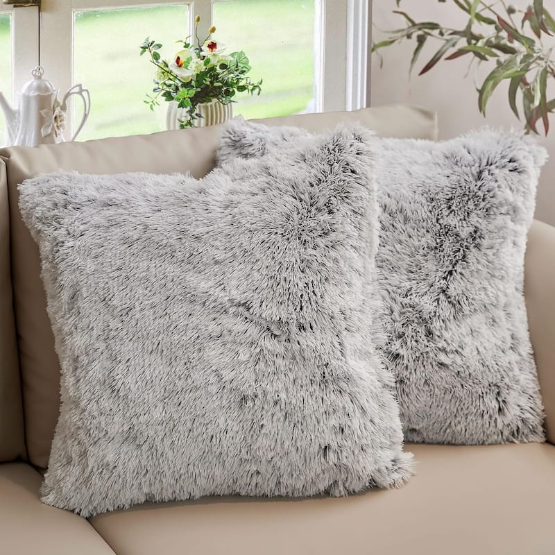 Cheer Collection Super Soft Shaggy Long Hair Throw Pillows Set of 2 Plush Accent Cushions - 18" x 18" - Gray Ombre