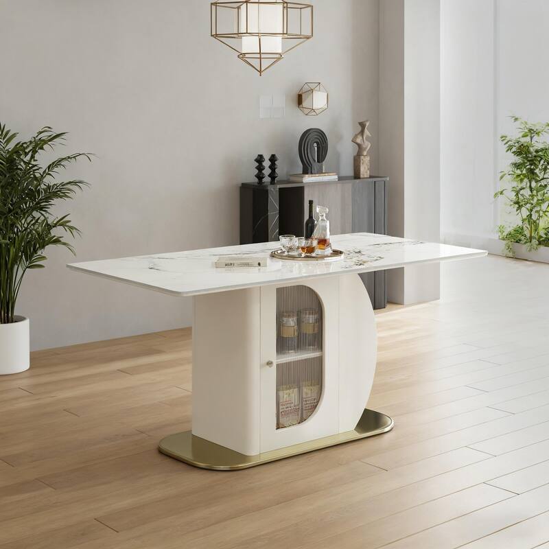 63" Modern Dining Table for 4-6 People, Kitchen Table with Storage Shelf & Acrylic Door Cabinet, Sintered Stone Tabletop - White