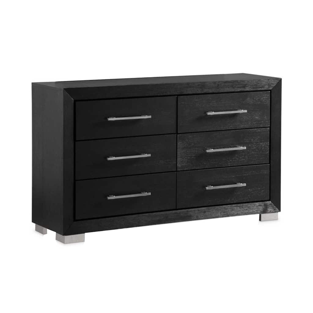 Ashen Wide Dresser, 6 Drawers, Black Solid Wood, Chrome Metal