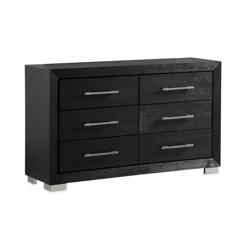Ashen Wide Dresser, 6 Drawers, Black Solid Wood, Chrome Metal