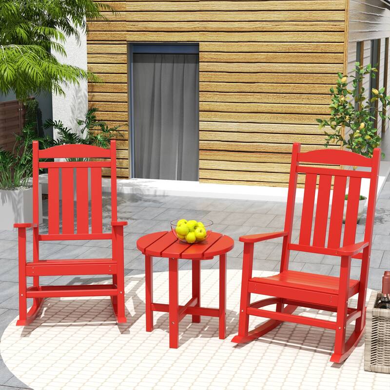 Laguna Hdpe All Weather Outdoor Patio Rocking Chairs With Side Table (3-Piece Set) - Red