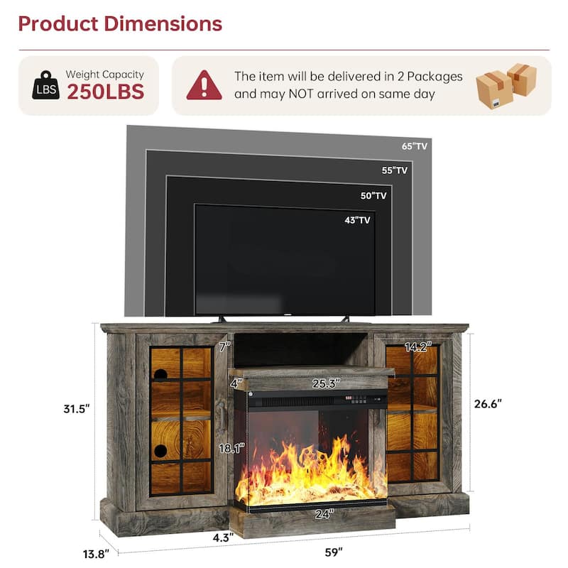 59'' Fireplace TV Stand with 3-Sided Glass Electric Fireplace