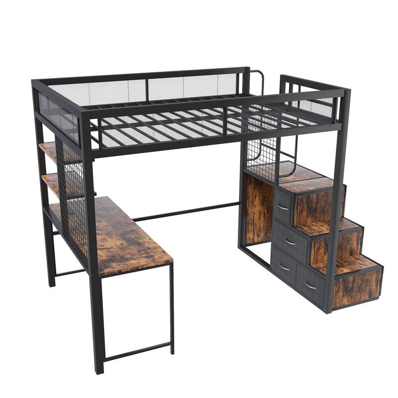 Full Loft Bed with Desk & USB Charging - Heavy Metal Frame, 4 Hidden Drawers, Staircase & Storage Rack Space-Saving