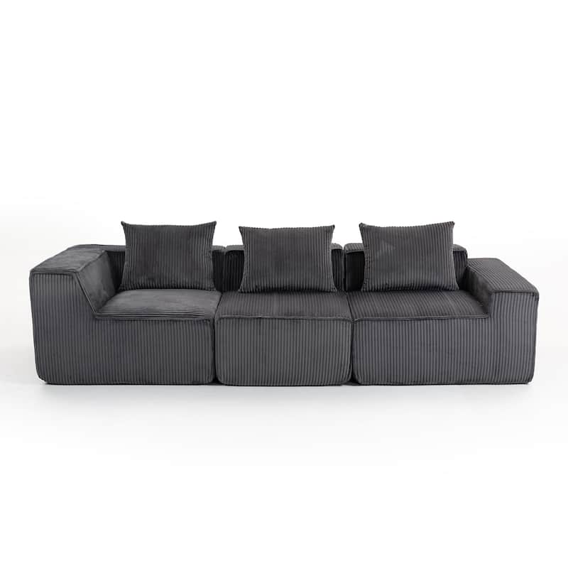 Deep Seat Modular Sofa Corduroy 3 Seater Lounge Couch with Pillows - Grey