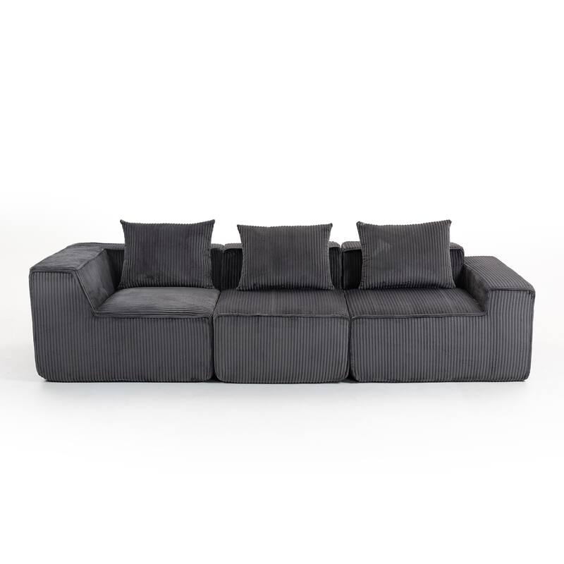 Modular Sectional Sofa with Pillows, Corduroy Upholstered 3-Seater Sofa, All-Compressed Foam Sofa for Living Room, Apartment