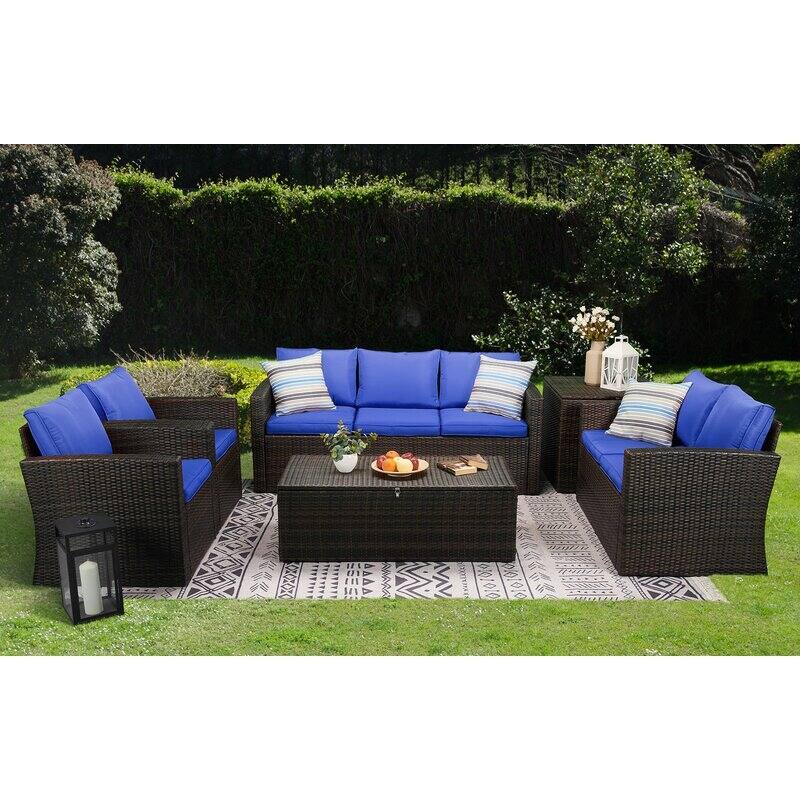 6-Piece Wicker Outdoor Patio Conversation Set - Blue