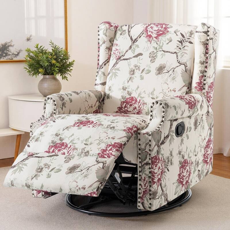 Patterned Linen Swivel Manual Push-Back Recliner Chair - Plants Floral