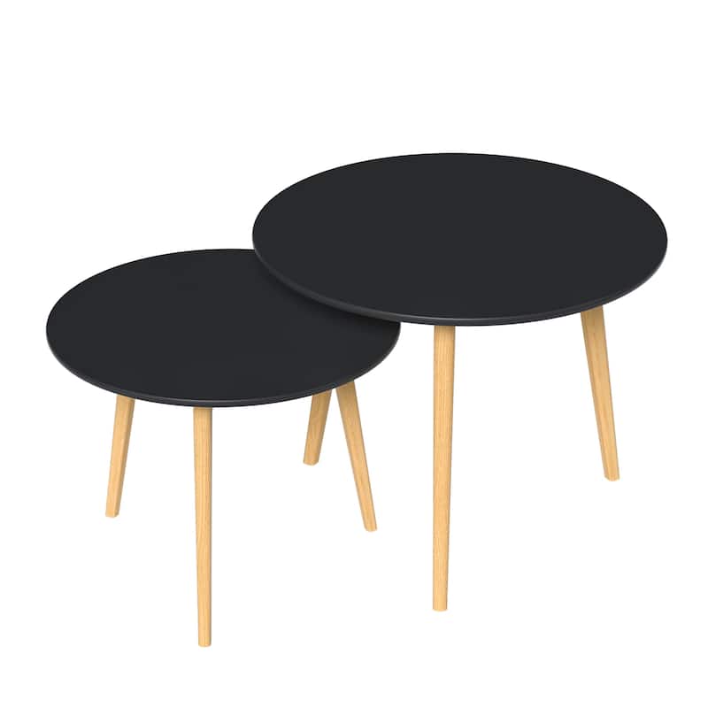Set of 2 Space-Saving Nesting Tables with Black Round Wood Top with Brown Legs for Home Decor - 19.7"L x 19.7" W x 19.7"H