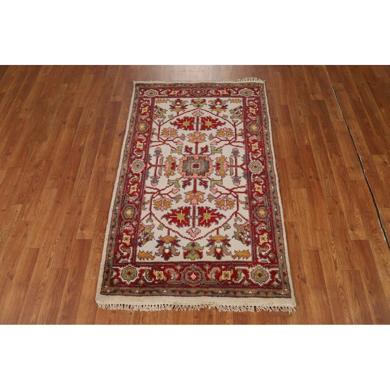 Floral Ivory Oushak Indian Foyer Rug Handmade Wool Carpet - 2'10"x 4'10"