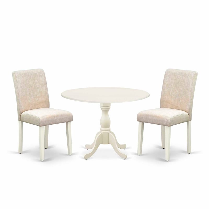 Tuscan 3 Piece Dining Set - Linen Fabric Chairs & Wood Table - Light Beige & Linen White Finish