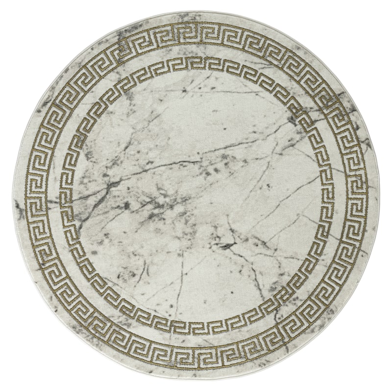 Brooklyn Collection Abstract Grey/Gold Border Area Rug - 7'10" Round