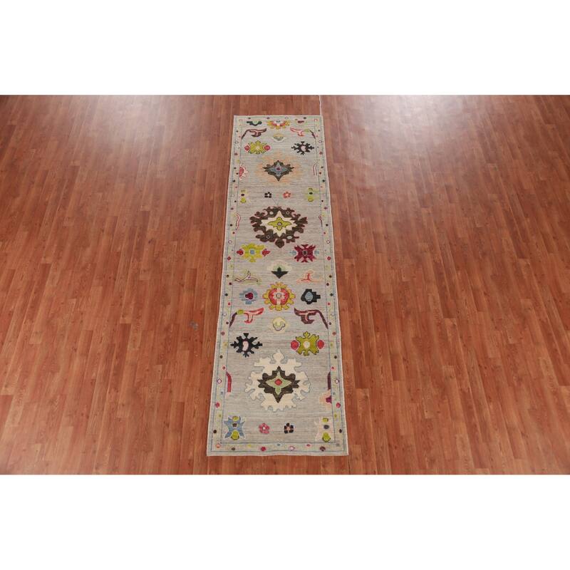 Hand Knotted Oriental 100% Wool Carpet Transitional All-Over Beige & Ivories Oushak Runner Rug - 9' 11'' X 2' 9''