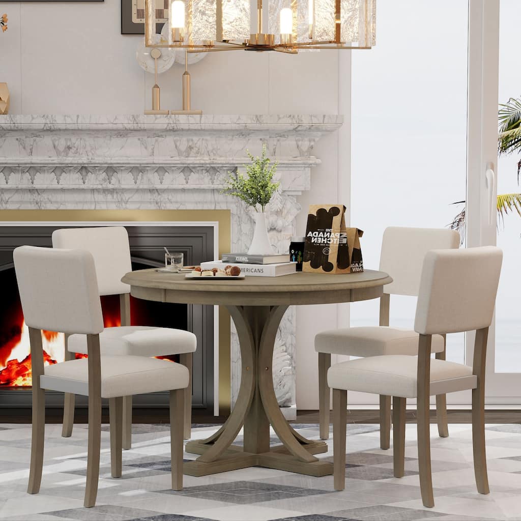 Classic 5-Piece Round Dining Set with Curved Pedestal Table & Upholstered Chairs, Retro Style in Taupe