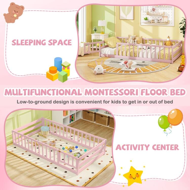 Twin Size Kids Wood Montessori Floor Bed with Door and Fence