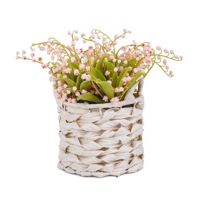National Tree Company 11 in. Pink Lily-of-the-Valley Flowers in White Basket - 11 in