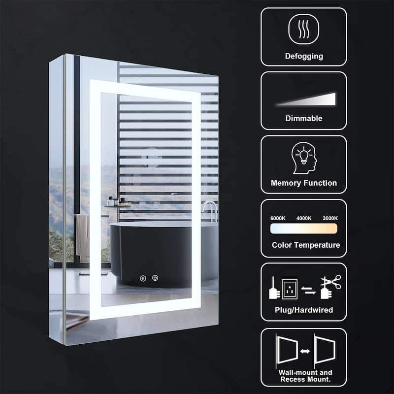 30" H Recessed or Surface LED Mirror Cabinet with Adjustable Glass Shelves,Defogger, Dimmer And Outlets & USB Ports