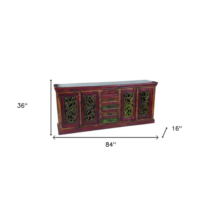 HomeRoots 84" Brown Gray and Green Solid Wood Five Drawer Buffet Table with Four Doors - 84.00 in. x 36.00 in. x 16.00 in.