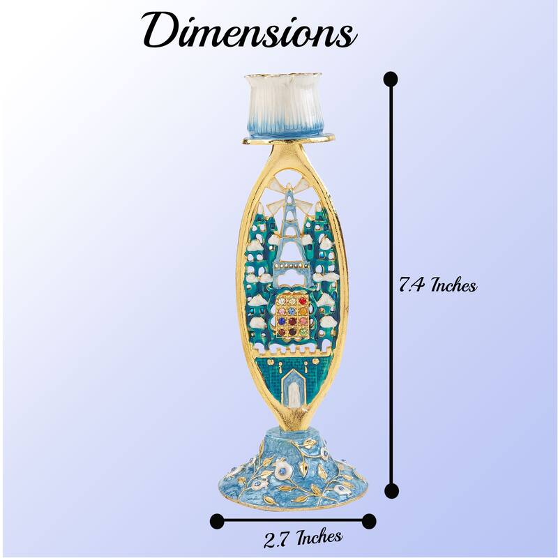 Matashi Shabbat Candlestick (2-Piece Set), Gold-Plated Pewter Adorned w/ Jerusalem Cityscape & Priestly Breastplate Design