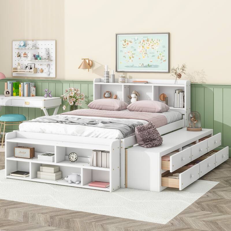 Full Bed with Bookcase Headboard, Under bed Storage Drawers and Bed End Storage Case for Small Space, Living Room, Apartment - White