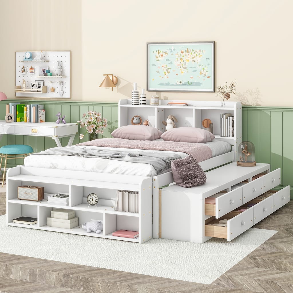 White Full Size Platform Bed with Bookcase Headboard and Storage