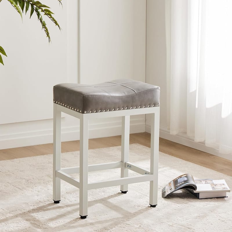 Bar Stools Set of 2, 24 inch Counter Height Saddle Stools, Upholstered Modern Kitchen Barstools with Metal Base, PU Leather