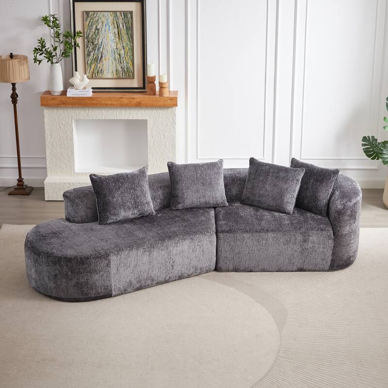 Curved Upholstered Loveseat Sofa Chenille Cloud Couch 4-Seater Chaise Lounge with 4 Throw Pillows for Living Room Recliner