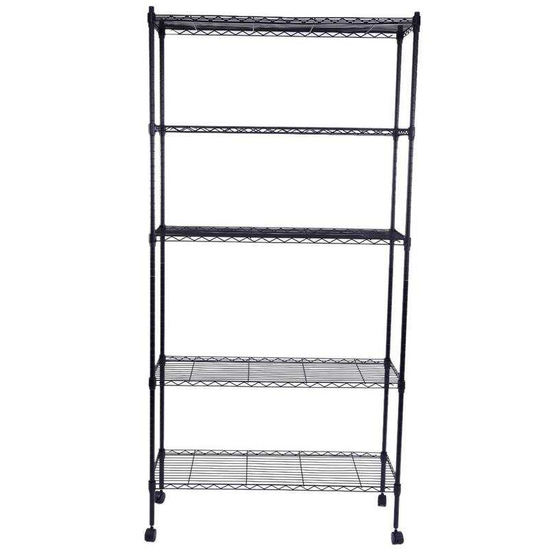 5-Layer Plastic Coated Iron Shelf with 1.5" Nylon Wheels Black - Black