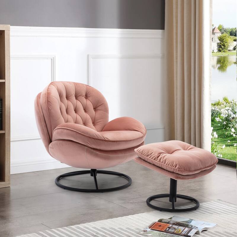 Velvet Swivel Accent Chair with Ottoman & Metal Legs (360° Rotation)