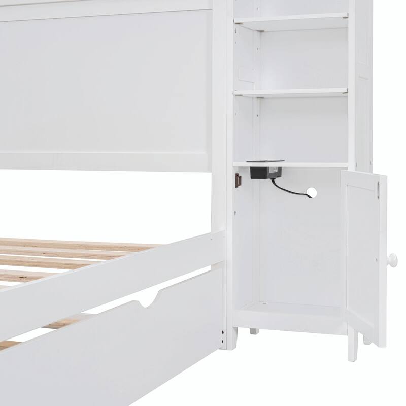 Wooden Bed with Built-in Cabinet, Shelf, and Sockets