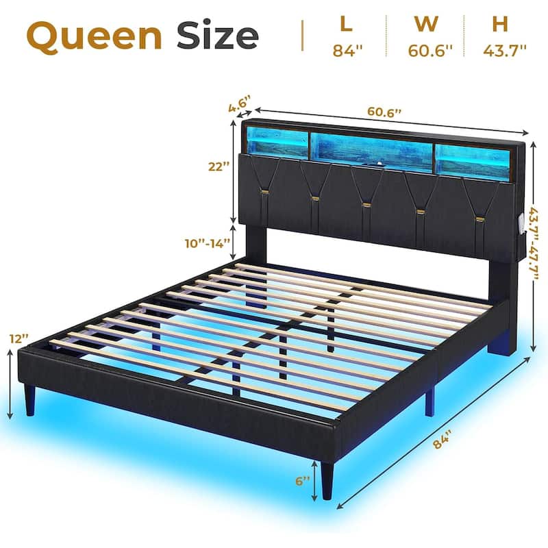Bed Frame Storage Headboard RGB LED Lights Upholstered Platform