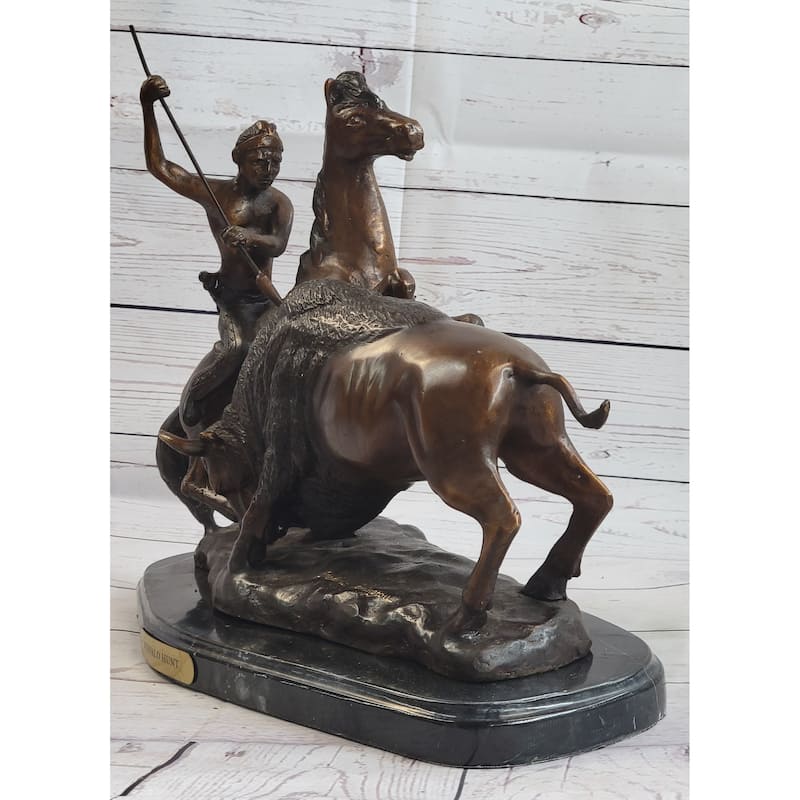 Buffalo Hunt By Frederic Remington Native American Western Bronze Statue Sculpture 13 Inches X 17 Inches