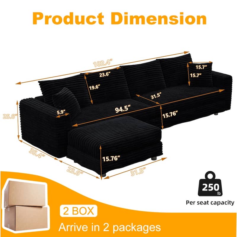 102.4" Corduroy Couch with Ottomans, 4 Seat Convertible Modular Sectional Sofa, Upholstered Couches with Pillows for Living Room