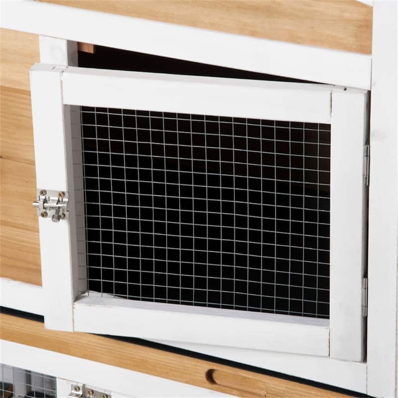 Outdoor Wooden Bunny Hutch with Run Boxes and Asphalt Roof Ramp and Removable Trays for 2-4 Rabbits
