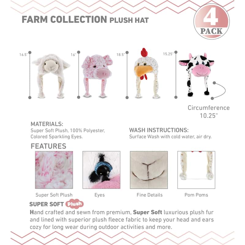 Dollibu Collection of 4 Farm Animal Super Soft Hats With Ear Flaps