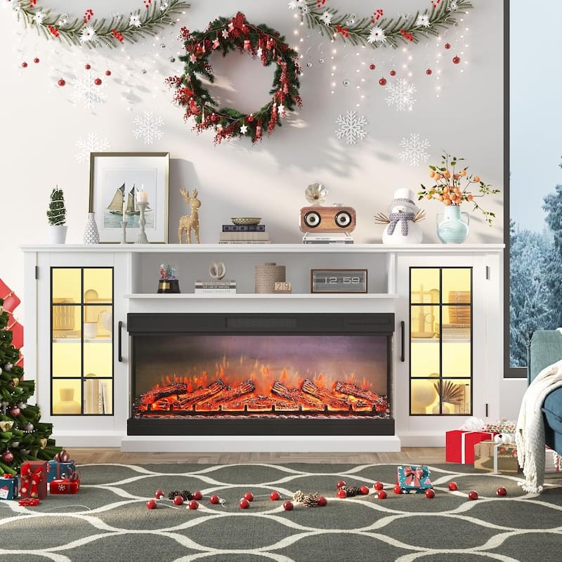 75In 3 Sided Glass Fireplace Heater TV Stand with LED Lights - N/A - White