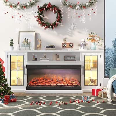 75In 3 Sided Glass Fireplace Heater TV Stand with LED Lights - N/A