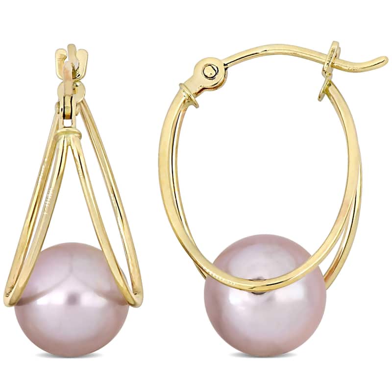 Miadora 8-8.5mm Cultured Freshwater Pink Pearl Drop Hoop Earrings in 10k Yellow Gold