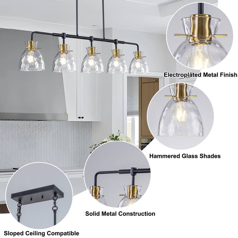 Starsky 5-Light Modern Linear Hammered Glass Kitchen Island Pendant - Black - N/A